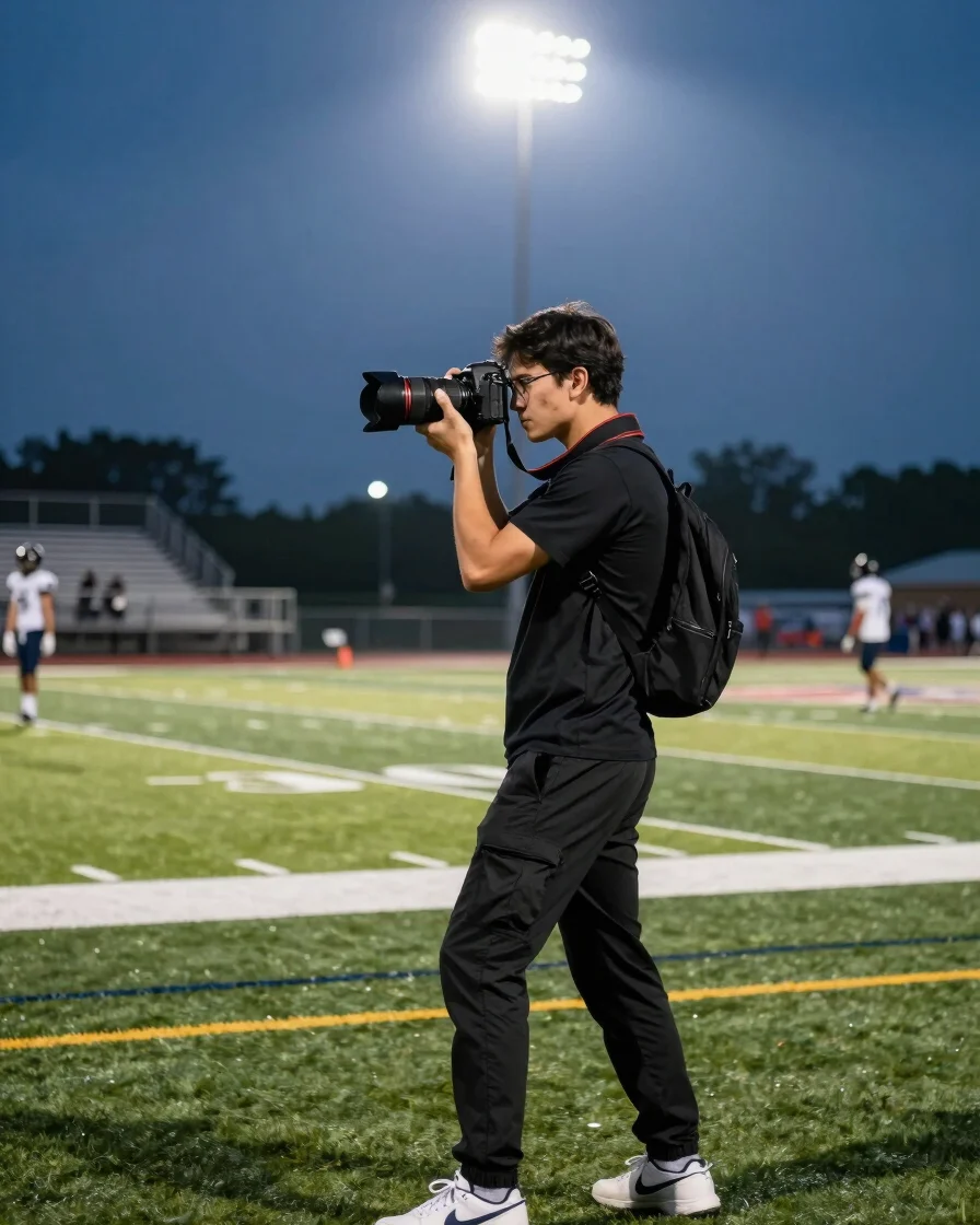 Photographer holding a professional DSLR camera on a high school