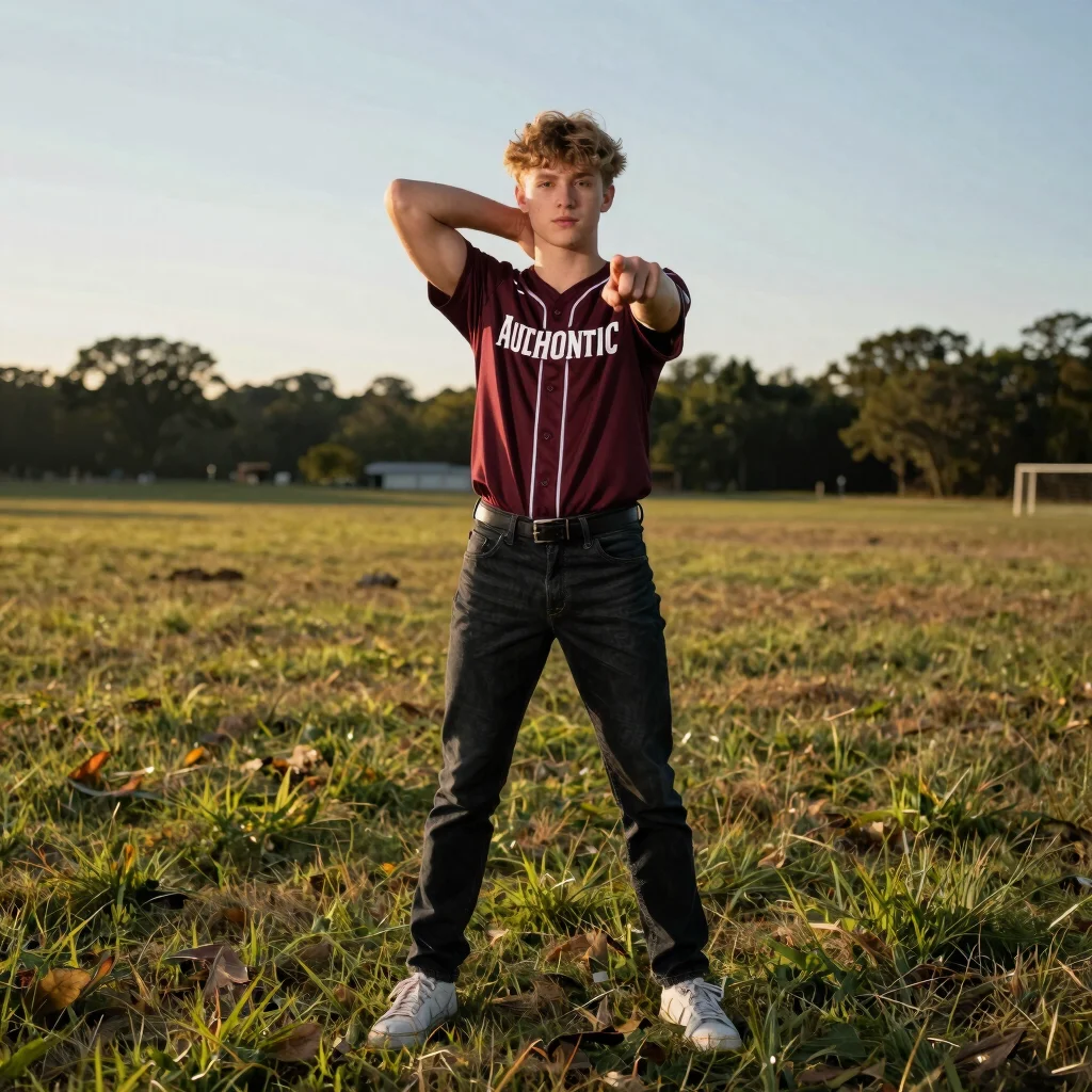 Authentic senior portrait in an open field at golden hour, natura