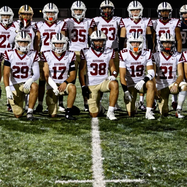 Varsity team portrait on the home field, dramatic low-angle group