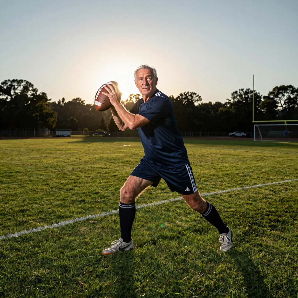 Senior athlete portrait on an empty football field at sunset, dra